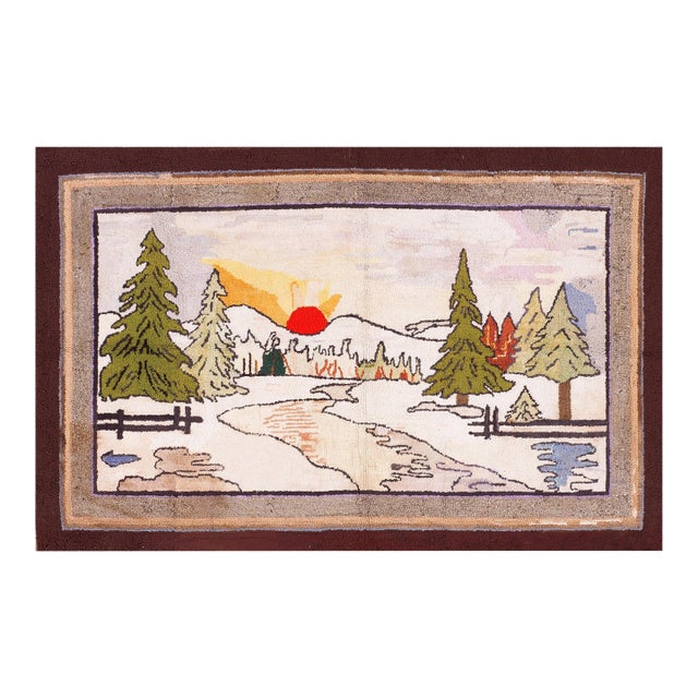 1920s Multicolor Scene Pictorial Antique American Hooked Rug 4'0"x 6'0" Handknotted Wool Carpet For Sale