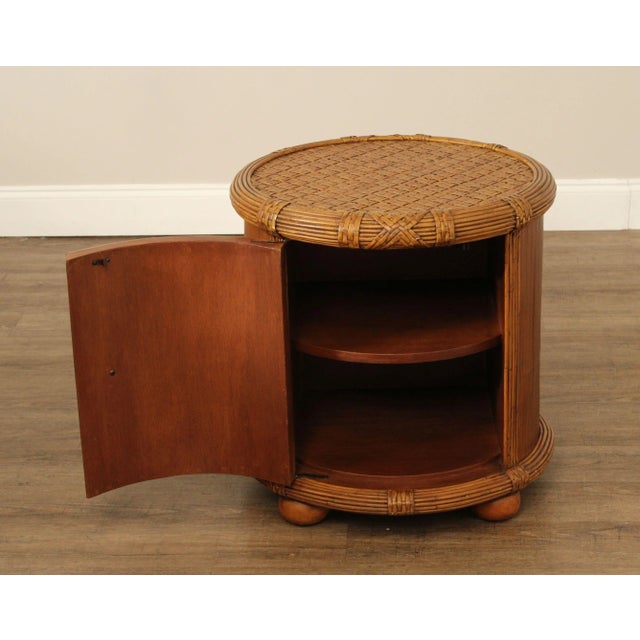 Bamboo and Rattan Circular Glass Top Drum Style Side Table For Sale - Image 4 of 12