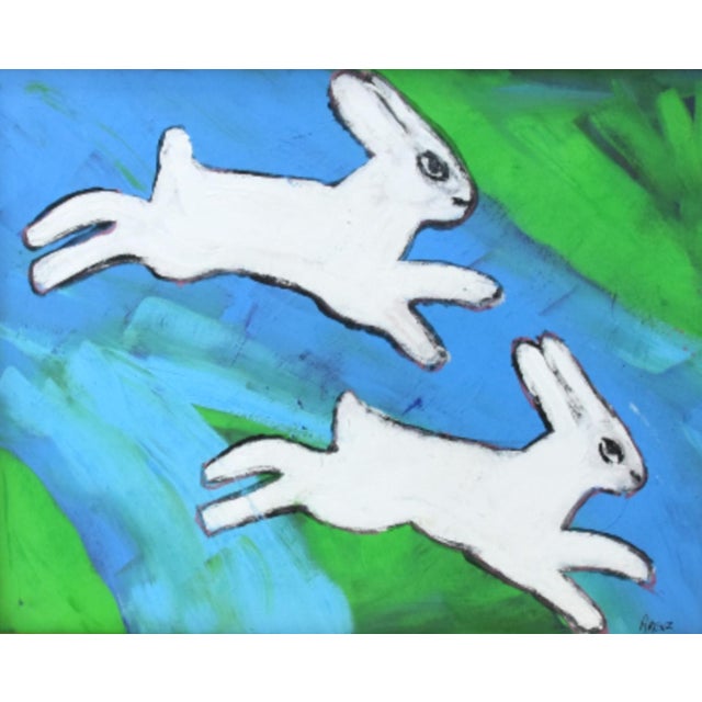 Abstract Original Folk Art Bunnies Rabbits Hare Painting by Ruth Arenz Including the Antiqued Gold Wood Fame For Sale - Image 3 of 5