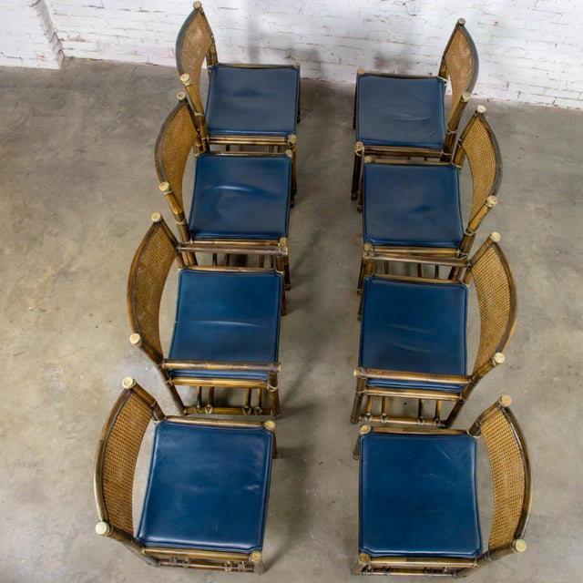 Late 20th Century Campaign Style Set of 8 Dining Chairs by McGuire Rattan Cane & Navy Leather For Sale - Image 14 of 18