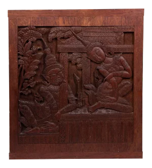 Thai Siamese Carved Teak Wood Panel of Temple Goddess