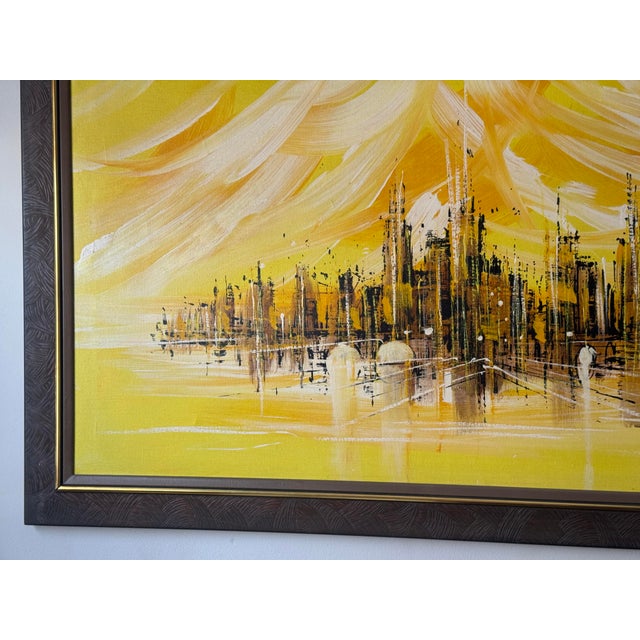Large Original Mid Century Modern Skyline Framed Artwork Signed For Sale - Image 9 of 12