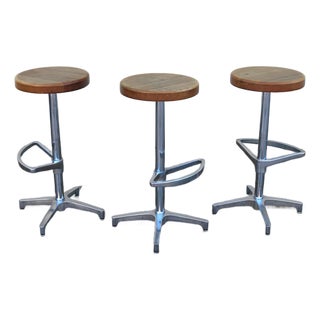Set of 3 Mid-Century Modern Butcher Block & Chrome Swivel Bar Stools, 1970s For Sale