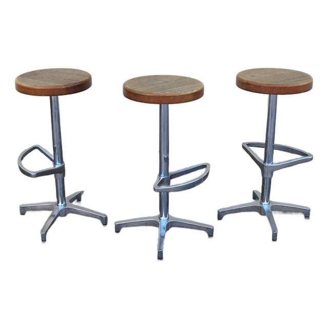Set of 3 Mid-Century Modern Butcher Block & Chrome Swivel Bar Stools, 1970s For Sale
