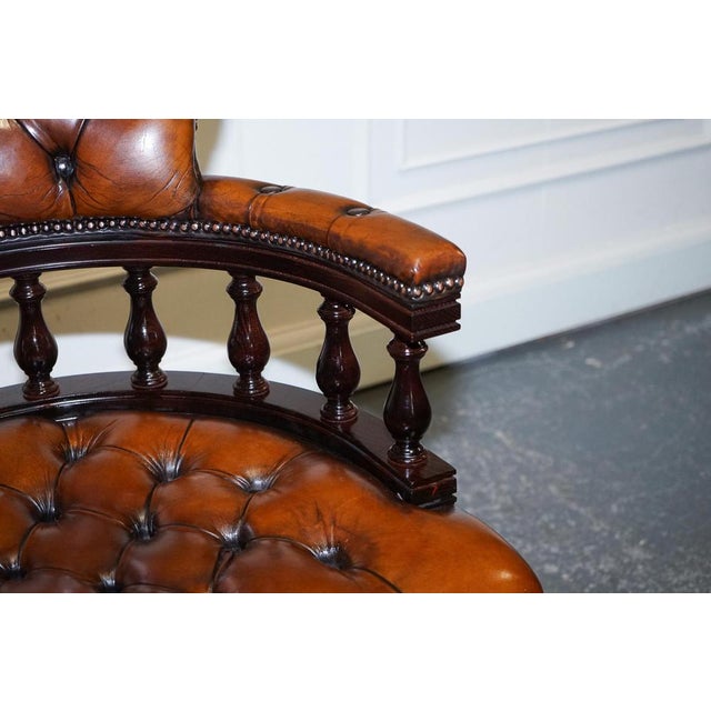 Fully Cigar Brown Leather Chesterfield Captains Office Swivel Armchair For Sale - Image 17 of 18