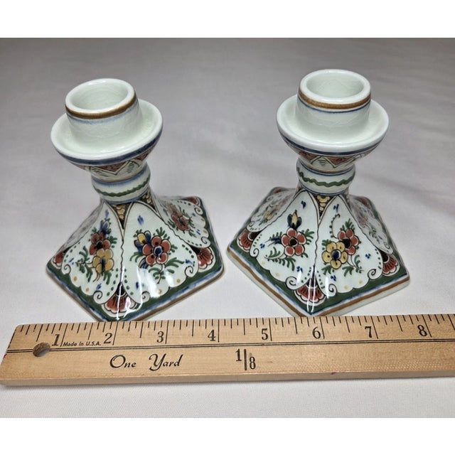 1990s Vintage MCM Delft Hand Painted Ceramic Candlestick Holders-Set of 2 For Sale - Image 5 of 6