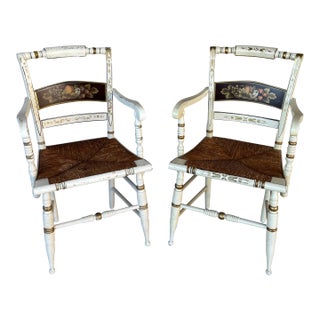 Nichols & Stone Hitchcock Style Ivory Harvest Rush Bottom Arm Chairs - a Pair For Sale