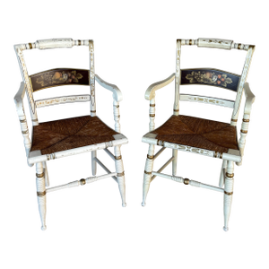 Nichols & Stone Hitchcock Style Ivory Harvest Rush Bottom Arm Chairs - a Pair