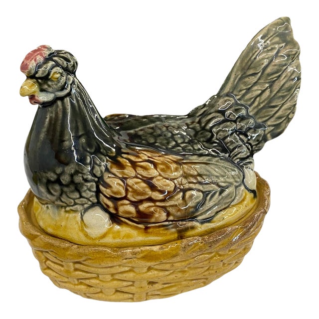 Antique French Desvres Majolica Hen on Nest Covered Dish Francis Masse For Sale