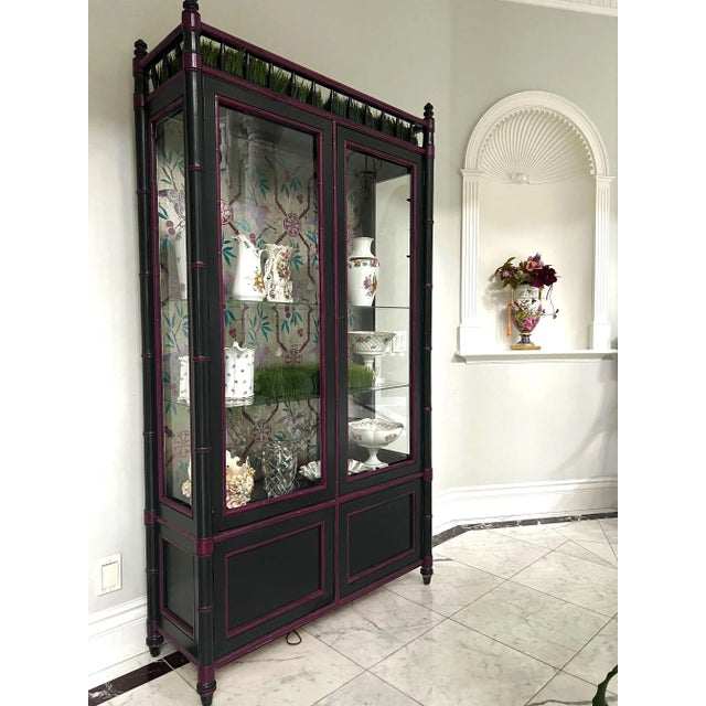Faux Bamboo Silver Leafed & Hand Painted Display China Cabinets - a Pair For Sale - Image 12 of 13