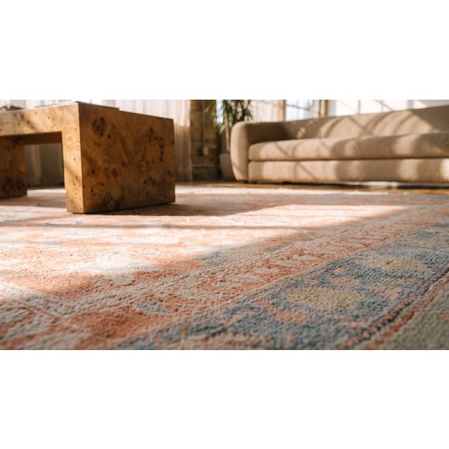 Stunning Peach Background With Palmette and Stiff Vinery Pattern Pattern Antique Indian Agra Rug For Sale - Image 9 of 10