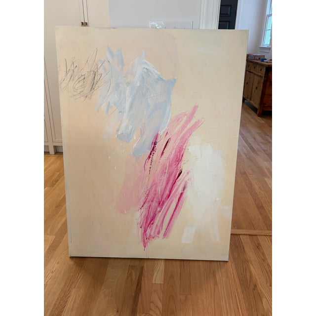 Acrylic and graphite on canvas, 48H x 36W x 1.5D. Edges painted the same creamy color as the background, back wired, ready...
