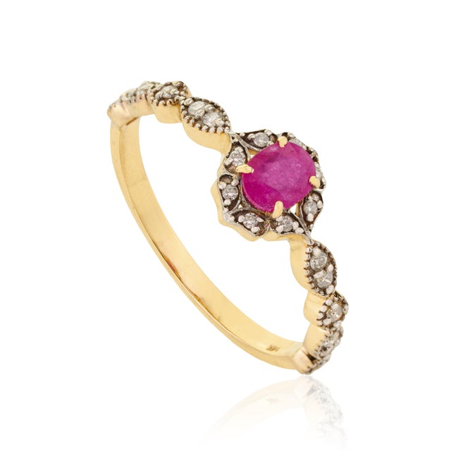 Oval Cut Ruby & Diamond Floral Halo Vintage Ring Size 8 in 14k Yellow Gold For Sale - Image 4 of 15