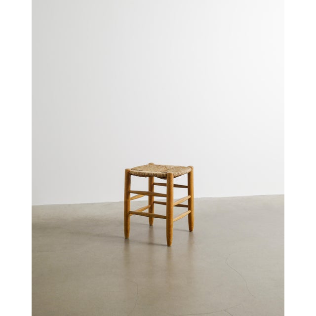 Rare french mid century wooden "n17" stool in ash with the original grass seat by charlotte perriand for steph simon paris...
