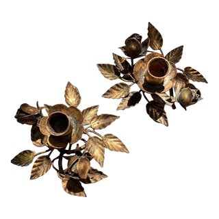 1950s S. Salvadori Italian Gilt Tole Leaf and Rose Tabletop Candle Holders, Signed- a Pair For Sale