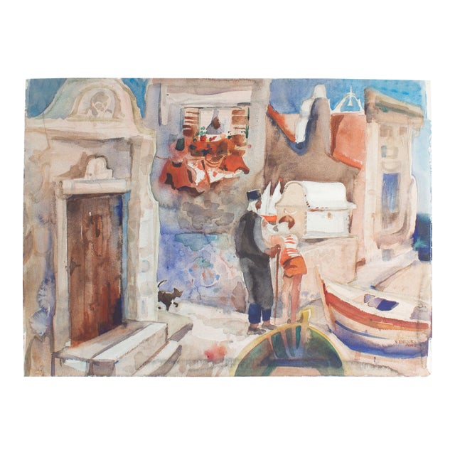 Virginia Brooks Signed Watercolor Painting of a Mediterranean Town For Sale