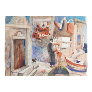 Virginia Brooks Signed Watercolor Painting of a Mediterranean Town