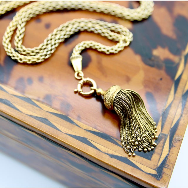 19th Century 14k Gold Victorian Fancy Link Long Chain With Drop and Enameled Tassel For Sale - Image 9 of 9