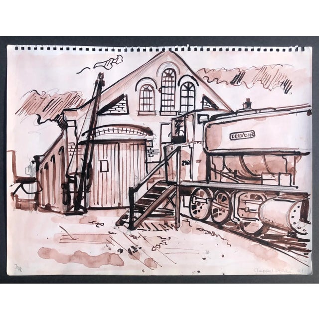 British artist Josie Capstick (1932-1998) watercolor of a train depot or warehouse. Signed lower left..