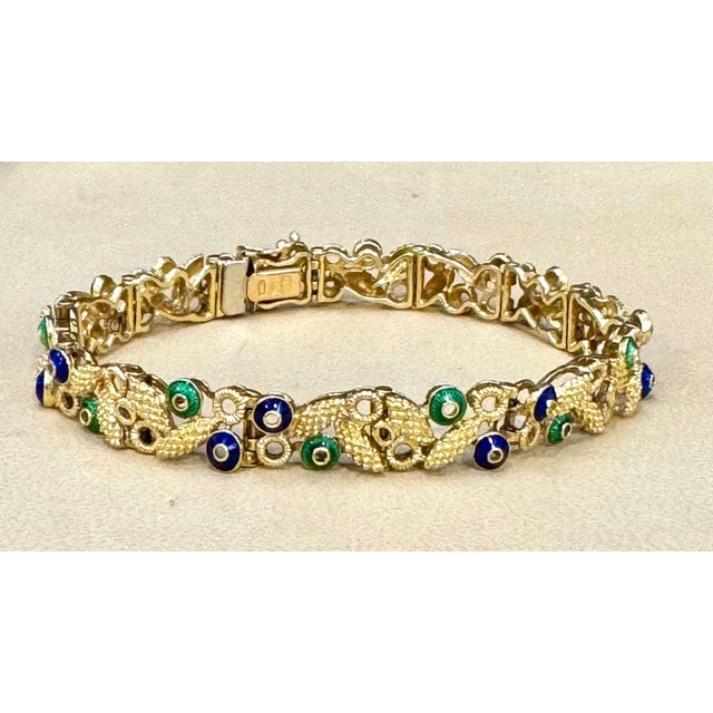 Gold 18 Karat Yellow Gold 30 Grams With Green and Blue Enamel Bracelet, 8 Inch Long For Sale - Image 8 of 8
