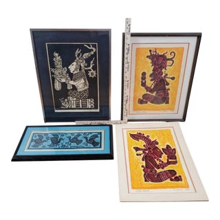 Authenticated Vintage Eliezer Canul Mayan Woodblock Print Collection – Four Hand-Signed Limited Editions, 1967-1974 (Incl. Rare 18/25) For Sale