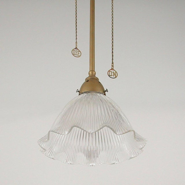 Art Deco Holophane Glass and Aged Brass Pendants, 1920s, Set of 2 For Sale - Image 9 of 18