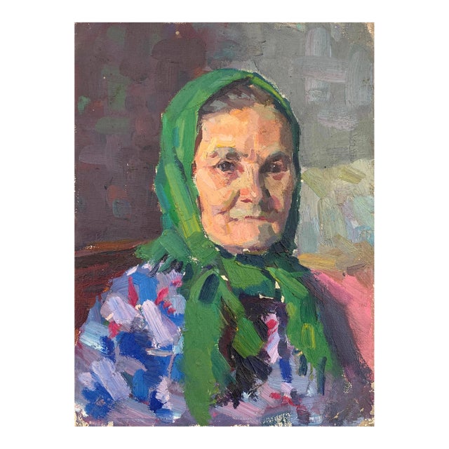 Soviet Woman Portrait, Antique Oil Painting, Ukrainian Artist (1960s) 40-30 For Sale
