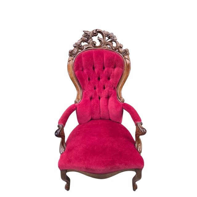 Wood Vintage Victorian Style Tufted Red Velvet Armchair For Sale - Image 7 of 8