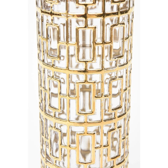 Vintage Imperial Glass 22 Carat Gold Plated Greek Key Overlay Over Vase or Martini Shaker 60's Signed For Sale - Image 4 of 13