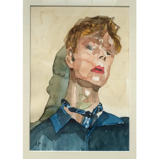 Original watercolor portrait of a young man wearing a scarf and leaning against a sun-baked stucco wall. Painted by Lori...