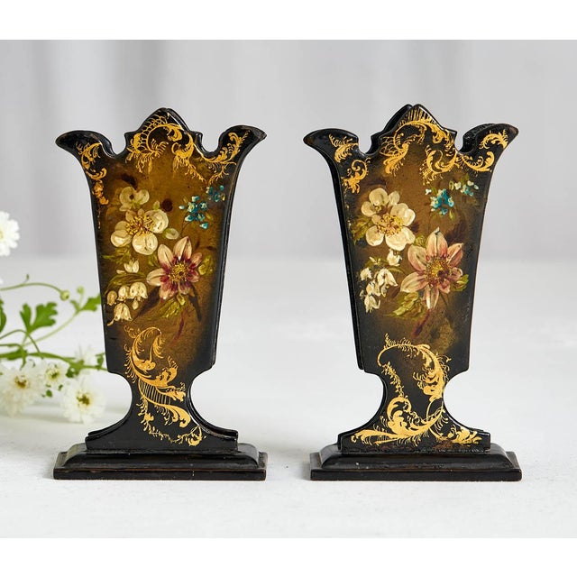 Victorian Pair of 19th C. French Hand Painted Paper Mache Spill Vases For Sale - Image 3 of 5