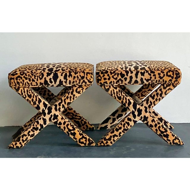 Vintage Leopard Velvet X-Base Stools - A Pair For Sale - Image 16 of 17