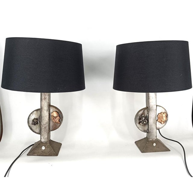 Pair of brutalist design aluminum table lamps hand made by a local artist. Sculptural table lamps which look great as a...