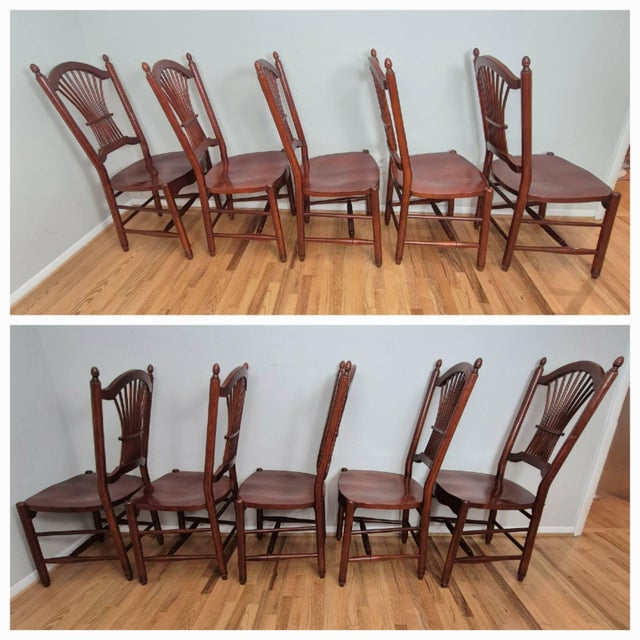 Brown Late 20th Century Vintage Farmhouse Style Solid Cherry Wheat Sheaf Back Dining Chairs - Set of 7 For Sale - Image 8 of 13