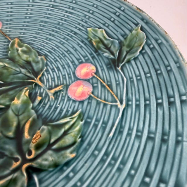 1920s Antique Georg Schmider / Zell Majolica Basketweave Plate Cherries & Grapes For Sale - Image 5 of 10