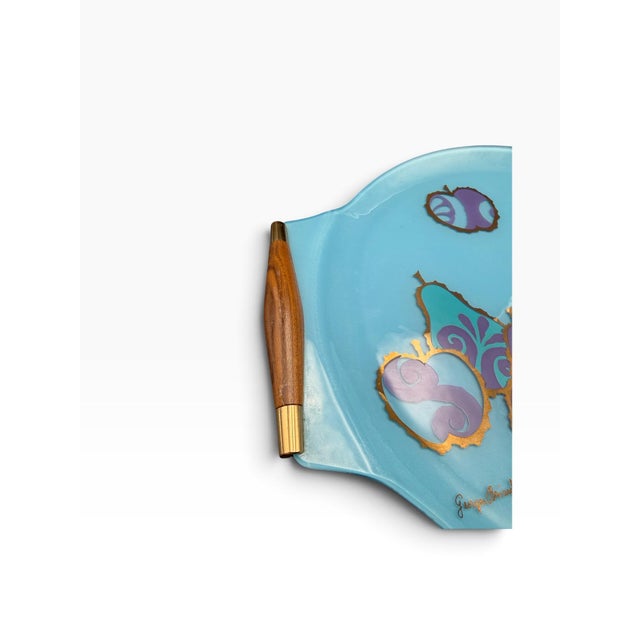 Vintage MCM Georges Briard Large Blue & Purple Fruit Curved Glass Tray W/ Wood Handles For Sale In New York - Image 6 of 10