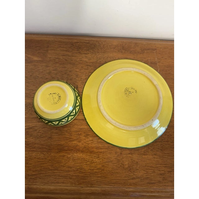 Vintage Mexican Pottery Chip & Dip Serving Set Hand Painted Yellow Green 2Pc For Sale - Image 9 of 14