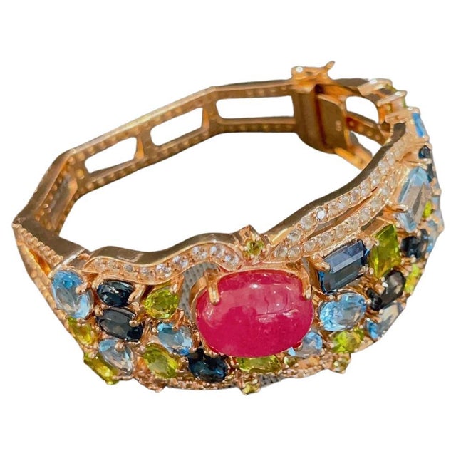Bochic "Capri" Vintage London Topaz, Ruby & Peridot Bangle -18K Gold & Silver For Sale - Image 15 of 18