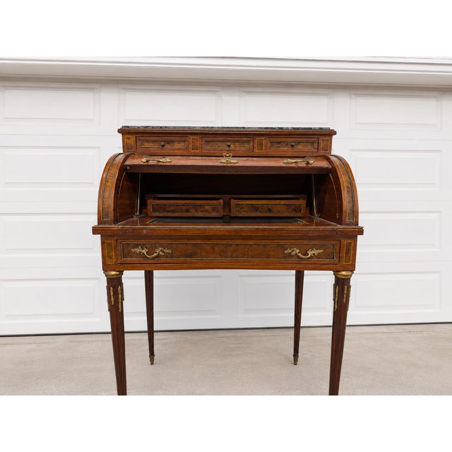 Wood Vintage Louis XVI Solid Wood Cylinder Desk With Rich Mahogany Finish and Green Marble Top For Sale - Image 7 of 7
