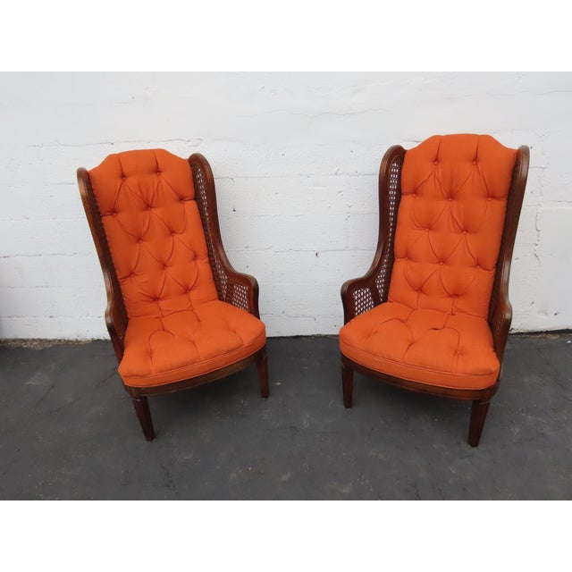 Hollywood Regency Extra Tall Caned Wing Back Livingroom Side Chairs a Pair 6654 For Sale - Image 10 of 17