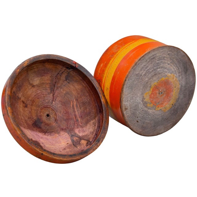 Orange Mid 20th Century Hand-Painted Colorful Asian Wooden Lidded Bowl For Sale - Image 8 of 8