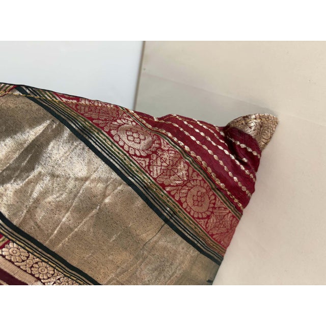 Burgundy One-of-a-Kind Indian Silk Sari Pillow, Metallic Zari Embroidery, 1980 For Sale - Image 8 of 10