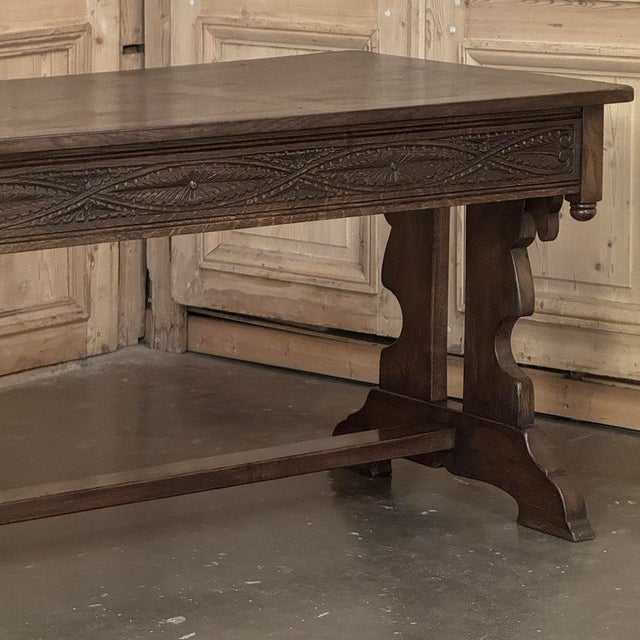 Antique Neo Gothic Carved Oak Trestle Three Drawer Writing Desk For Sale - Image 13 of 18