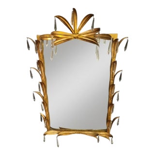 Vintage Hollywood Regency Hans Kogl Style Gold Gilt Metal Palm Frond Crystal Wall Mirror For Sale