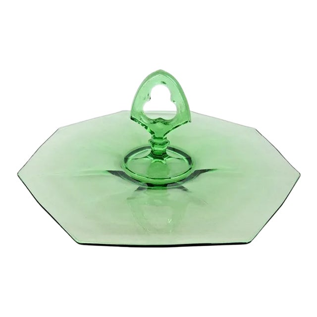 Depression Glass Green Keyhole Handle Octagonal Sandwich Serving Plate For Sale