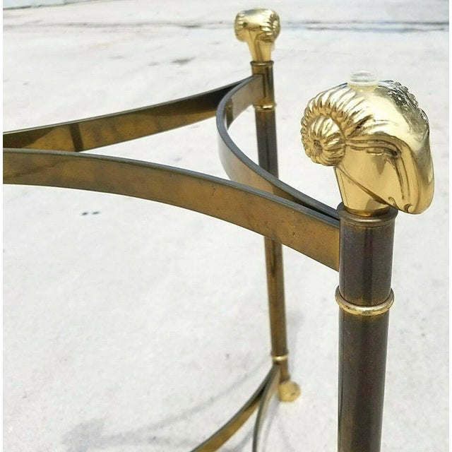 1980s Maison Jansen Style Hollywood Regency Brass Rams Head Hoof Footed End Side Table For Sale - Image 5 of 8