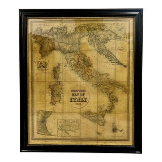 Large Vintage Antiqued Stanford Map of Italy in Black & Gold Frame 1990's For Sale