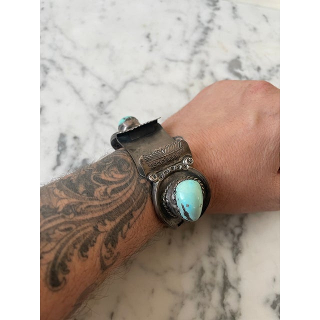 Mid 20th Century Vintage Native American Sterling Silver and Turquoise Watch Band Cuff Bracelet For Sale - Image 5 of 6