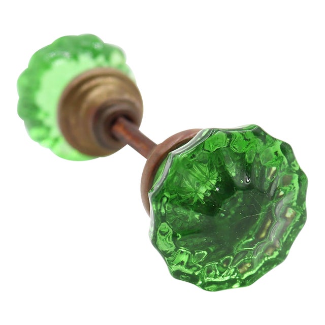 Pair of Vintage Fluted Green Glass Door Knobs For Sale