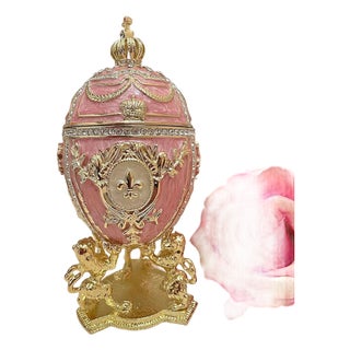 Pierre Lorren Handmade Faberge Egg Style Trinket Fabergé Egg Style Austrian Crystal Diamond Pure Gold Deco Hand Painted 5 Star Egg & Handmade Bracelet For Sale